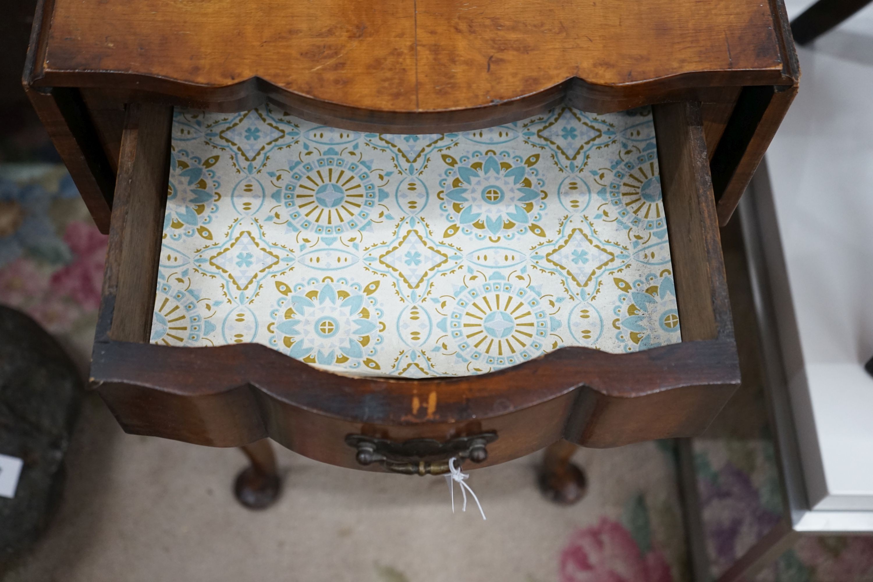 A Queen Anne Revival walnut drop flap bedside chest, width 39cm, depth 35cm, height 71cm